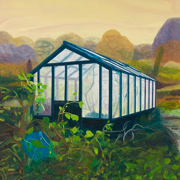 painting of a greenhouse with wild vines in front
