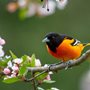 orange Baltimore oriole on a flowering apple branch