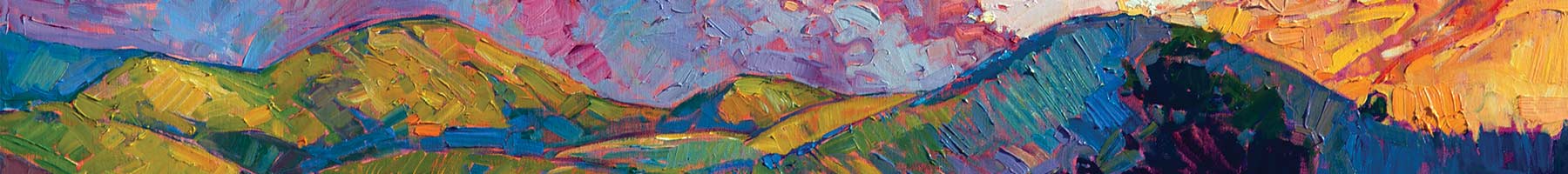 bright oil painting of hills and a orange sunset