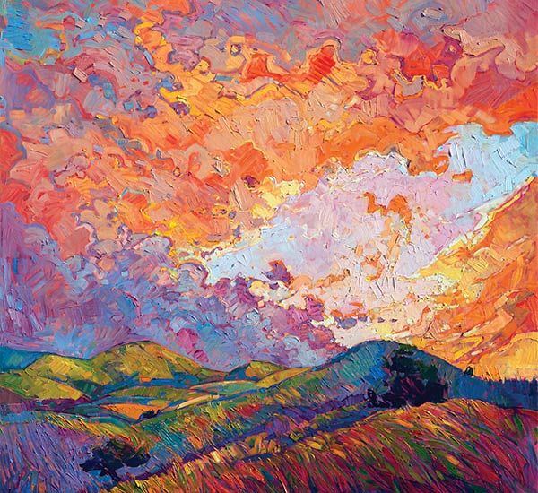 bright oil painting of hills and a orange sunset