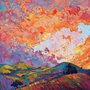 bright oil painting of hills and a orange sunset