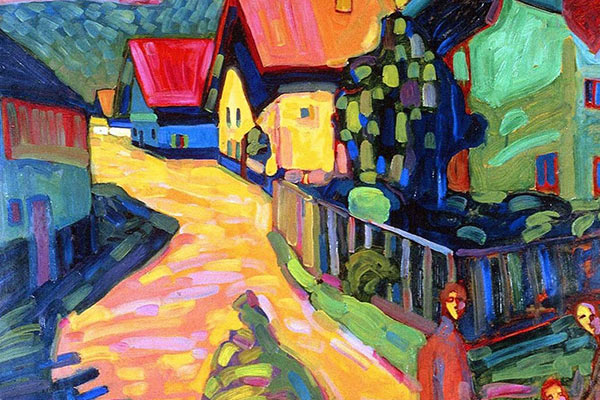 Abstract painting of city street and women