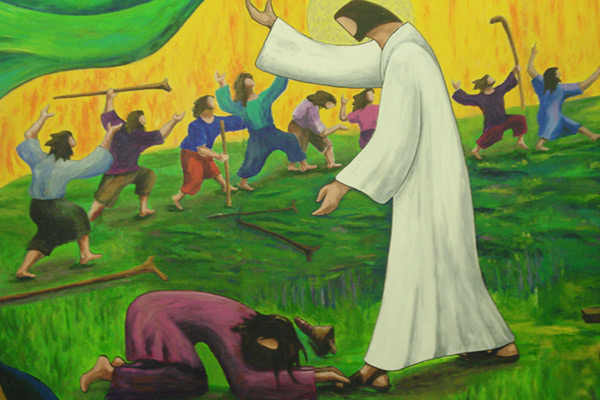 ilustración estilizada de Jesús sandando los diez leprosos