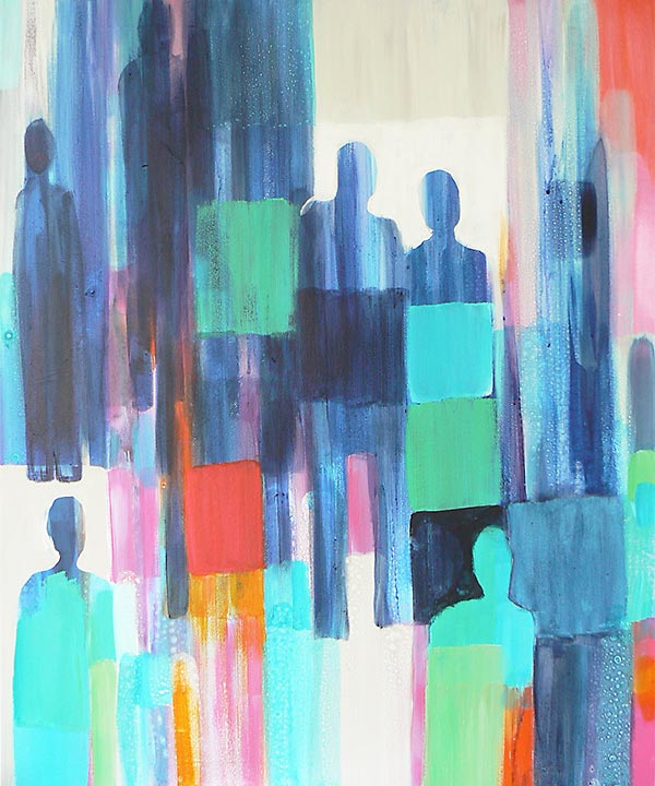 abstract style painting in navy blue, teal, pink, and gold of a crowd of people