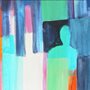 abstract style painting in navy blue, teal, pink, and gold of a crowd of people