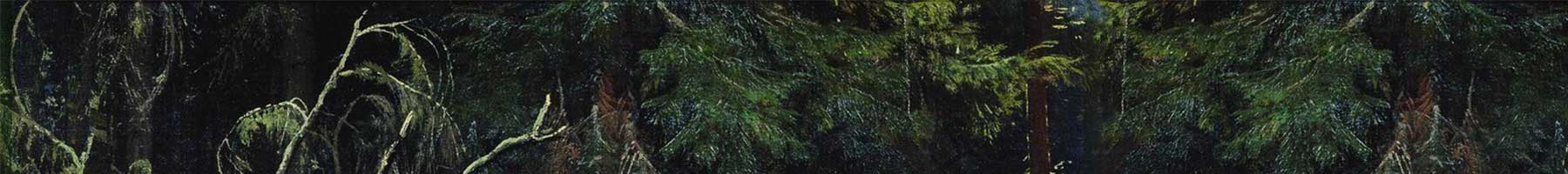 painting of fallen down fir tree in a dark forest