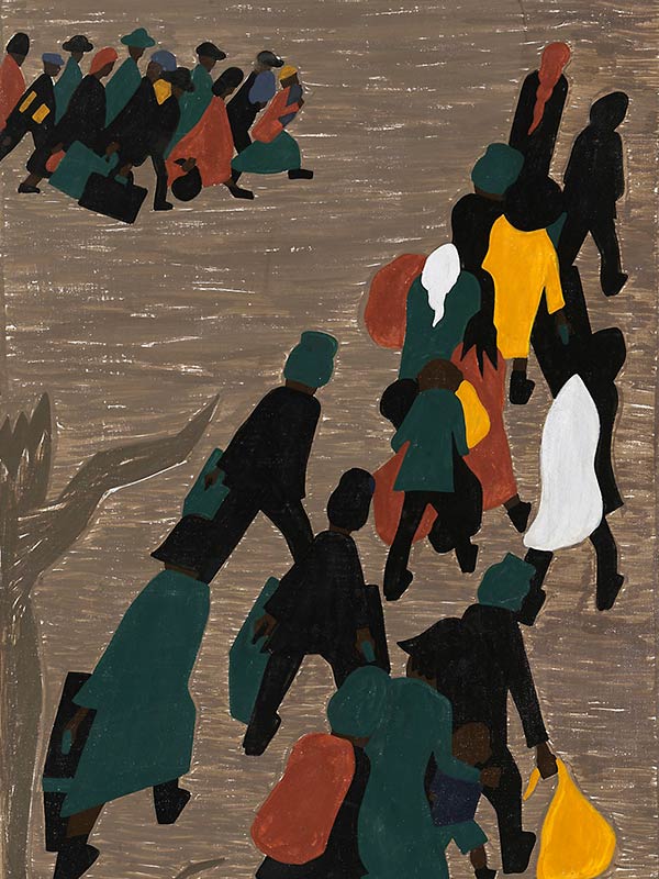 painting of two groups of people walking with bags and suitcases