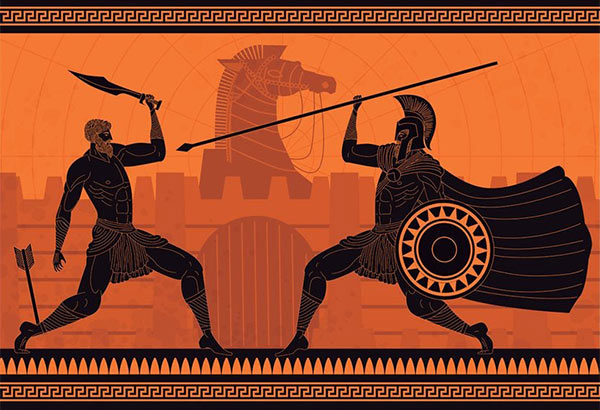 artwork of Achilles and the Trojan Horse in the style of classic Greek vases