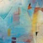 abstract pastel artwork in blue, rust, yellow, and orange