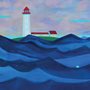 painting of a lighthouse with a boat in the foreground