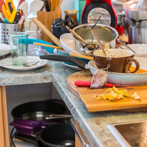 dirty dishes on kitchen counter