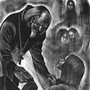 etching of a man talking to a priest