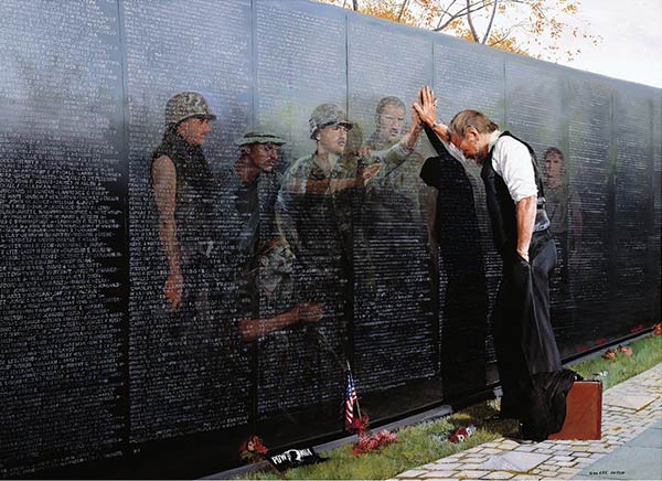 Reflections, painting by Lee Teter of a veteran at the Vietnam Memorial wall 