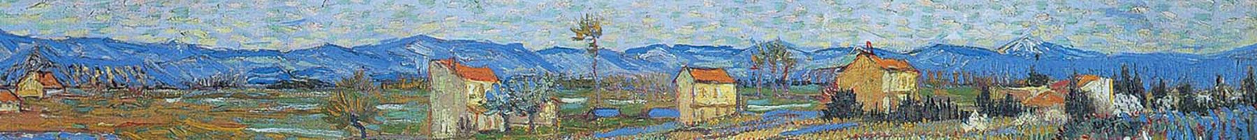 Van Gogh painting of houses and mountains