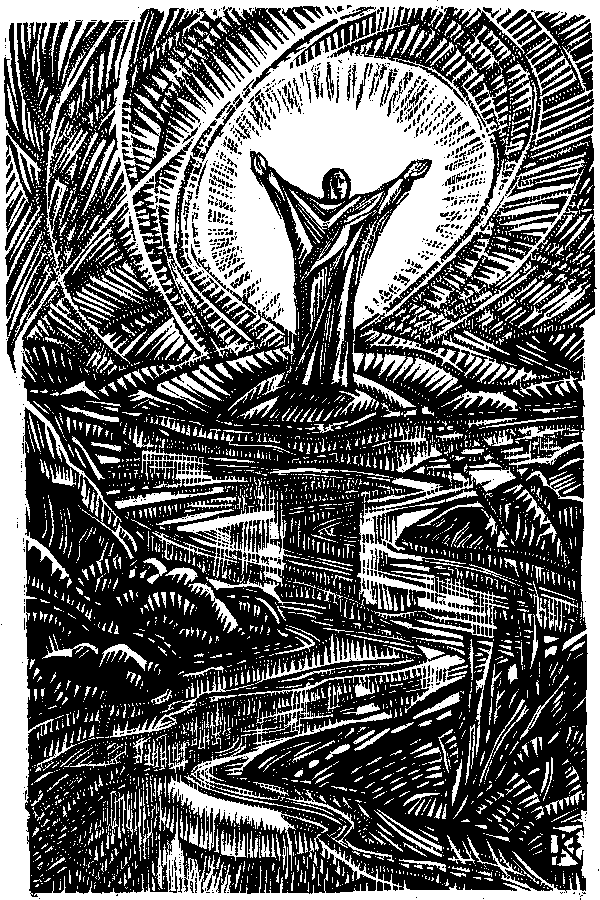 woodcut of a man dressed in linen
