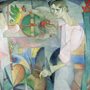 cubist painting of a woman holding a clay jar with a green and yellow bird behind her