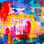 Abstract painting with yellow, red and blue tones