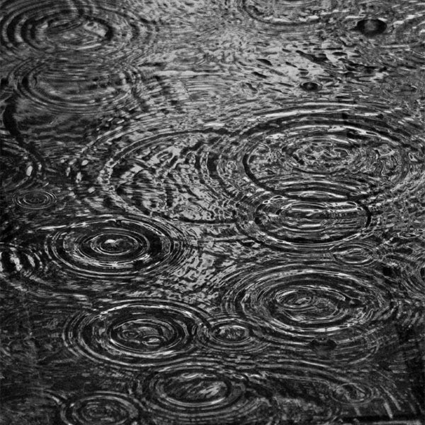 black and white photo of rain ripples on pavement