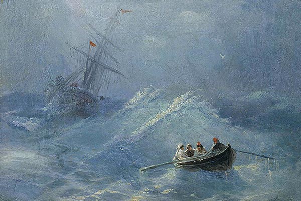 painting of a rowboat in waves with a sinking ship in the background