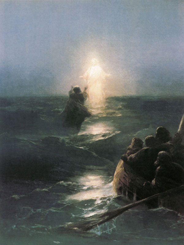 oil painting of Peter walking on the water toward Jesus