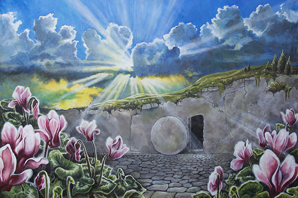 Painting of cyclamens in front of empty tomb