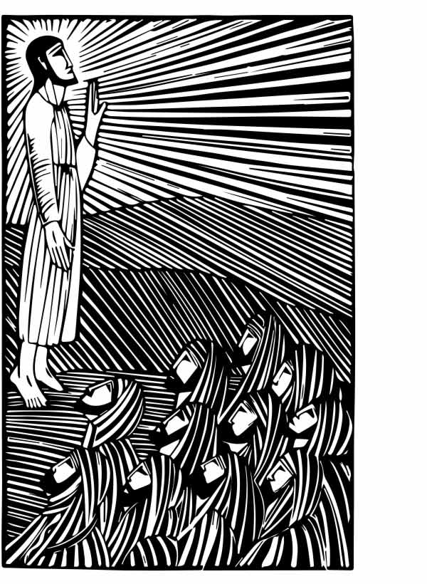 woodcut image of Jesus ascending to heaven while the disciples look on