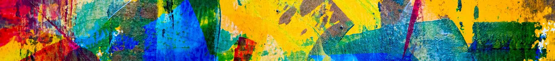 Abstract painting in  yellow, red, blue and green tones.