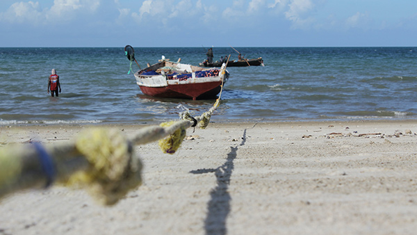 red and white fishing boat moored by a beach