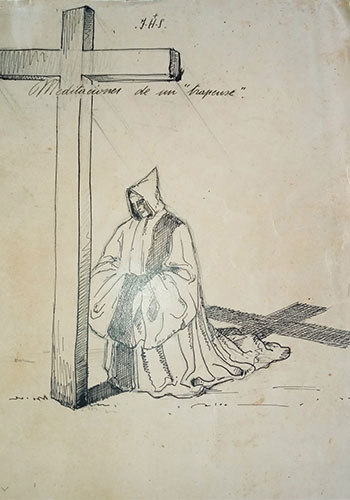 sketch from Rafaels diary of a monk kneeling before a cross