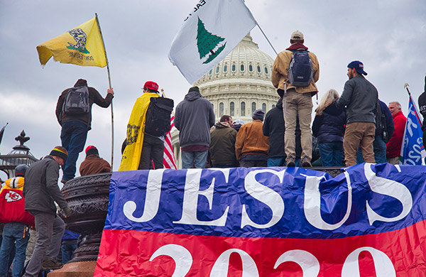 people holding flags outside the US capitol