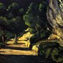 painting of a road at dusk