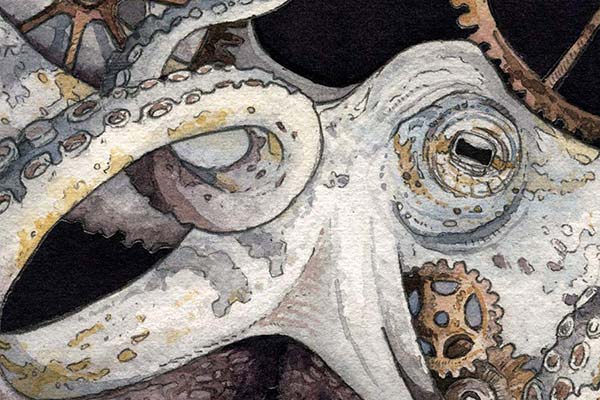 watercolor painting of an octopus entangled in rusty gears