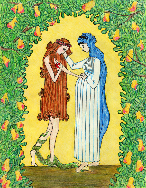 illustration of Eve and Mary under a leafy arch