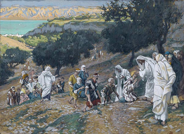 watercolor painting of Jesus healing blind and lame people