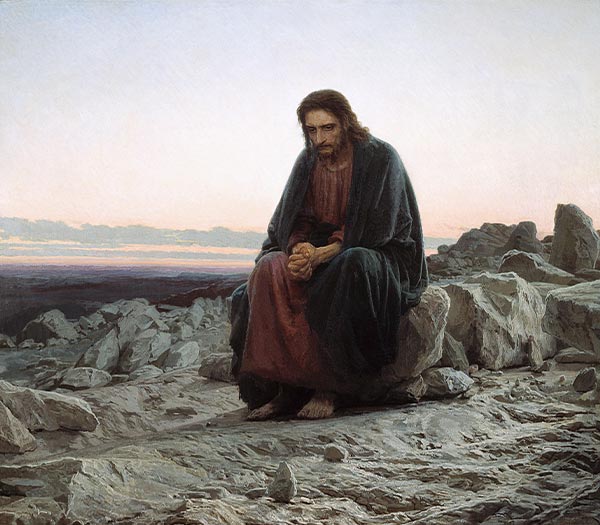 painting of Christ sitting on rocks in a desolate wilderness