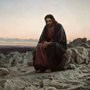 painting of Christ sitting on rocks in a desolate wilderness