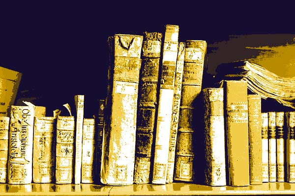 dark purple and gold image of old books on a shelf
