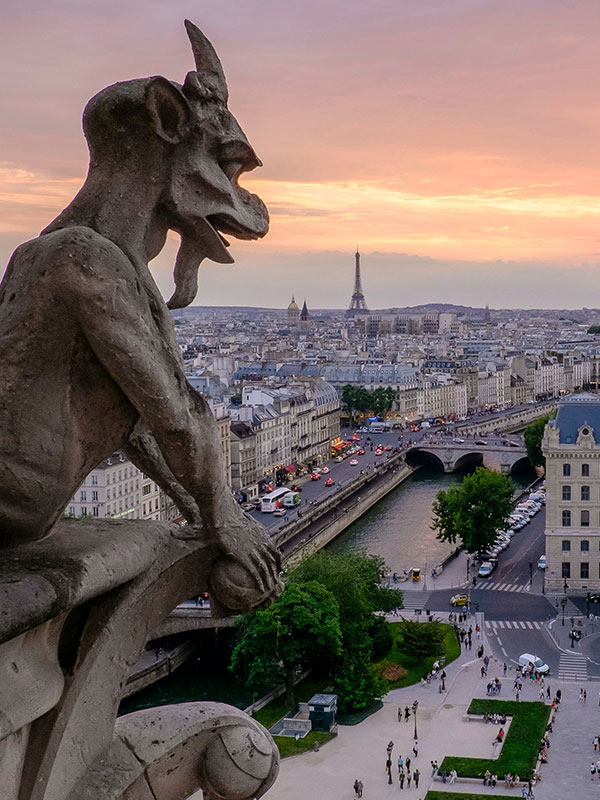 Notre Dame gargoyle overlooking Paris