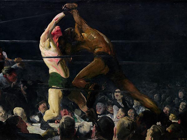 painting of two men in a boxing ring surrounded by a crowd