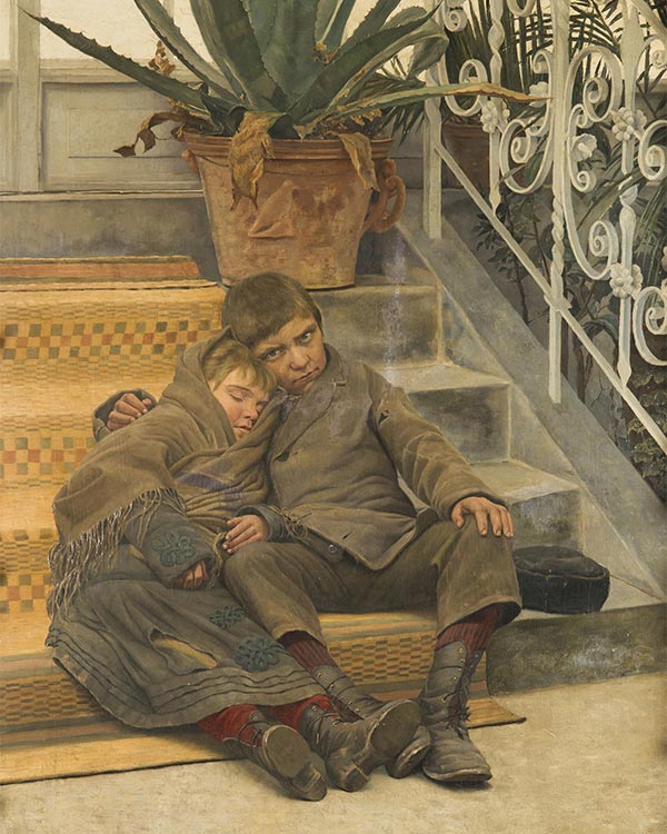 two poor children sitting on steps
