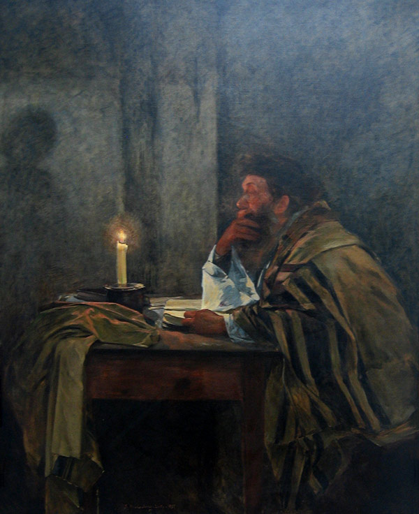 painting of a man seated at a table with a book and candle