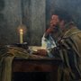 painting of a man seated at a table with a book and candle