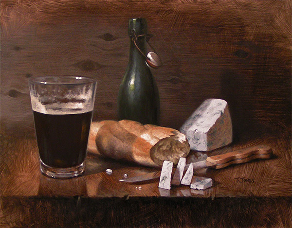 still life painting of bread, cheese, bottle and glass of beer