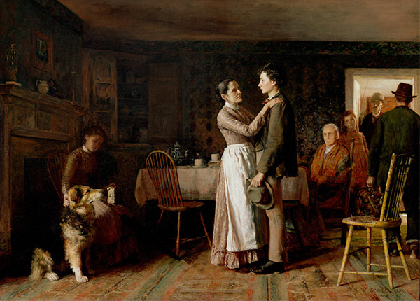 painting of a family saying goodbye to their teenage son