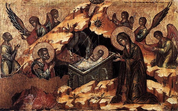 Medieval fresco of nativity scene in earth tones