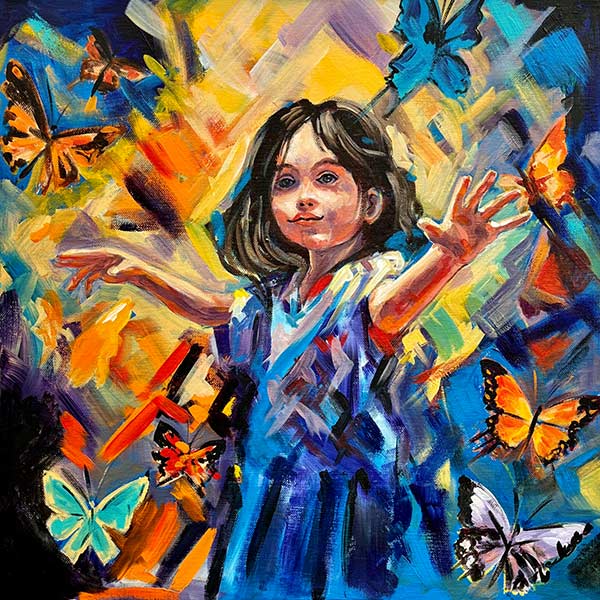 bright painting of a girl and butterflies