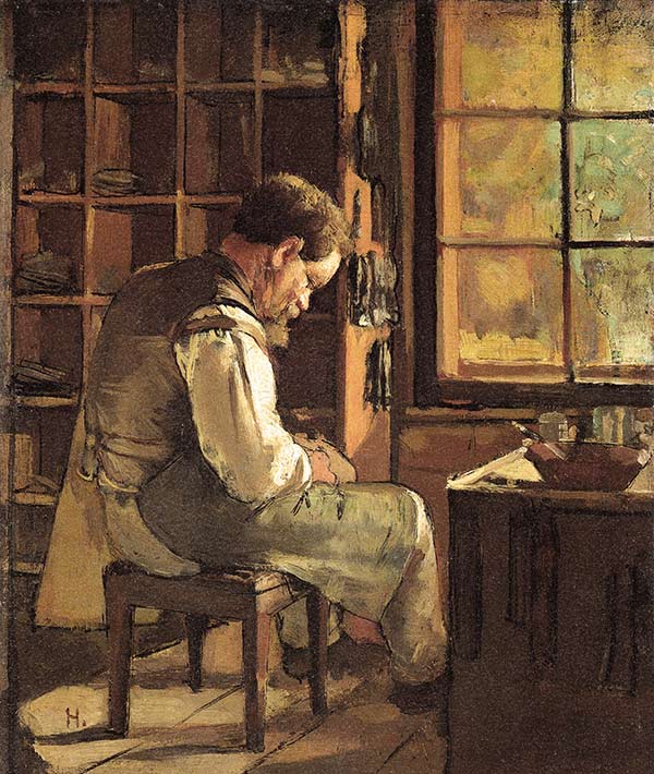 Painting of shoemaker working under a bright window