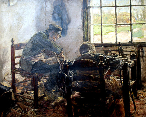 Painting of shoemaker and young son working in cottage