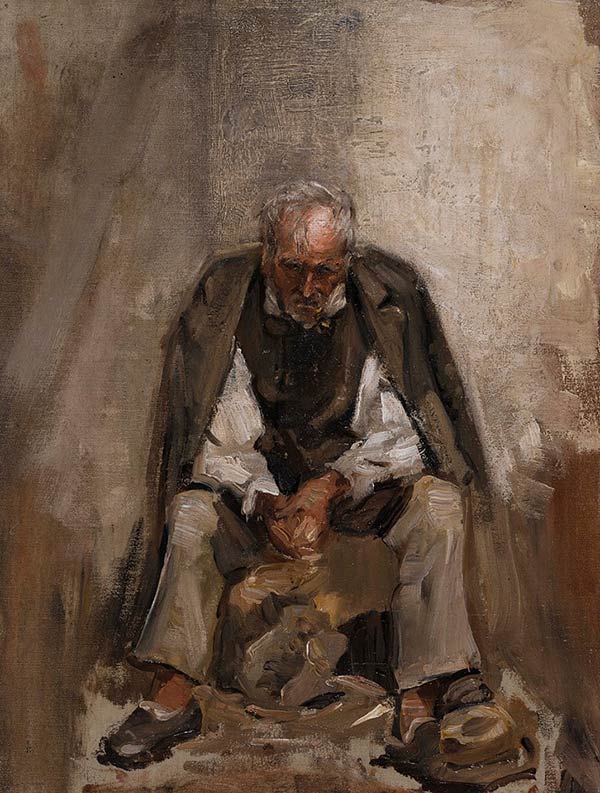 Painting of seated man in cloak looking at floor