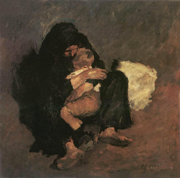 Painting of poor mother seated embracing young child